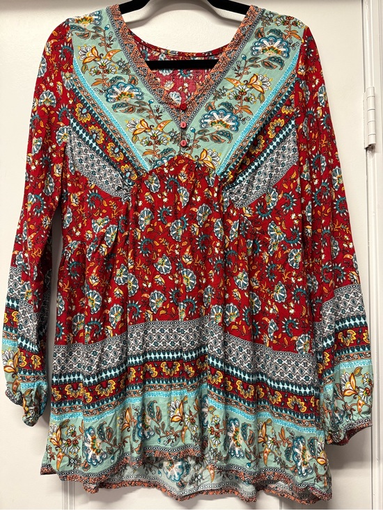 Tops - Boho Floral Peasant Top Size L Red & Teal Mixed Print Blouse